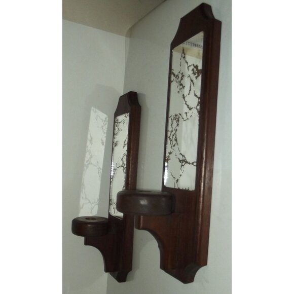 Wood Sconce (lot of 2) mirror crackled gold MCM candle votive holder 15" vintage - Picture 2 of 12